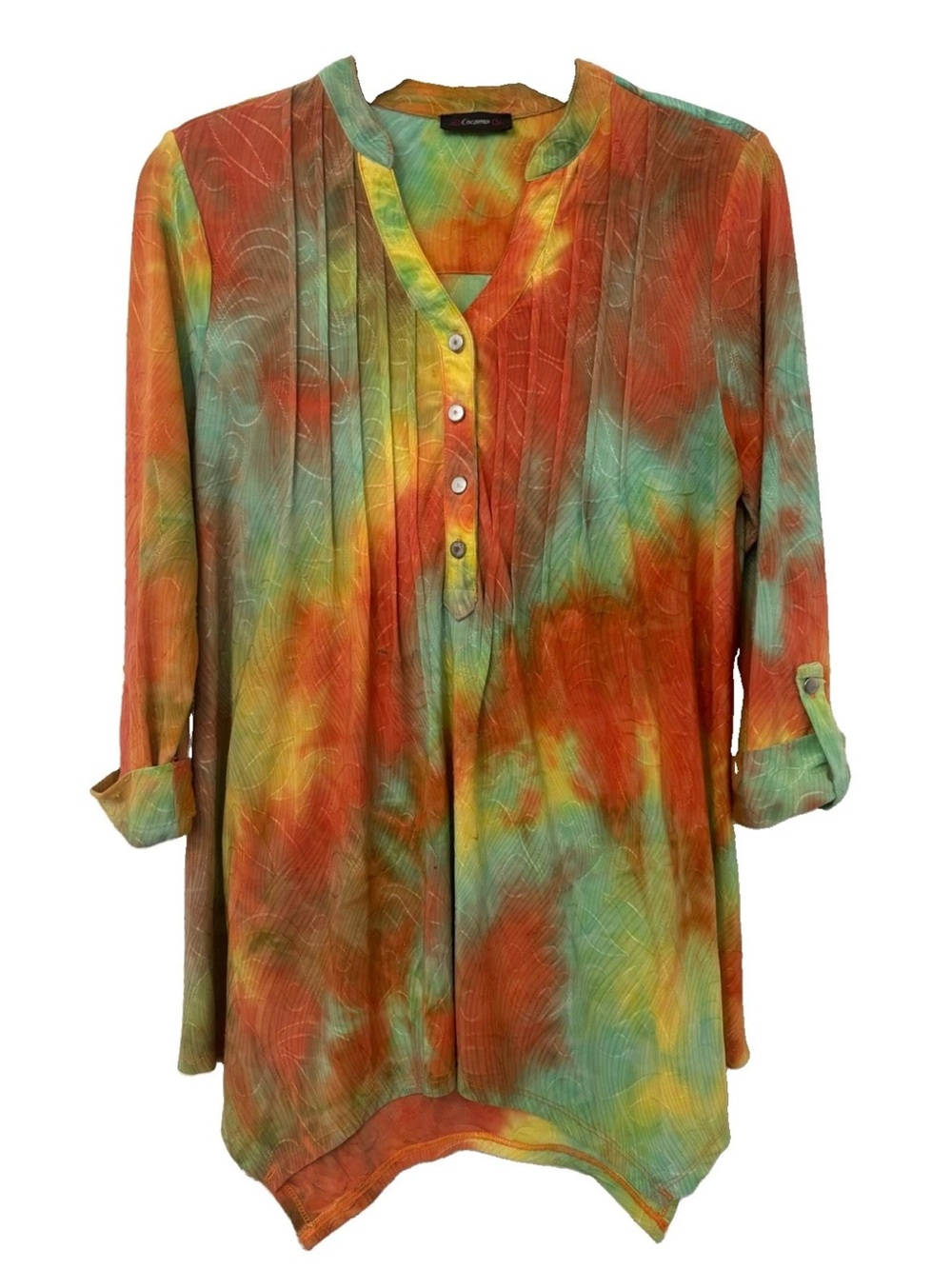 Cocomo Women’s Multicolor Tie-Dye Tunic Top Pintuck Roll Tab Sleeve Button Sz M